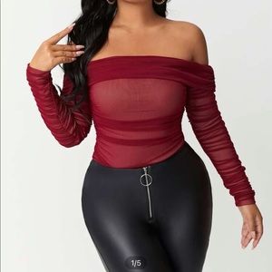 New! Shein mesh burgundy off the shoulder top with nude lining.